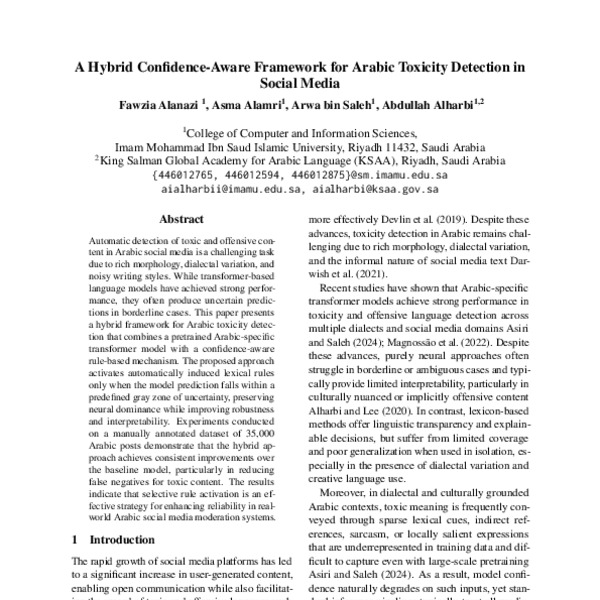 A Hybrid Confidence-Aware Framework for Arabic Toxicity Detection in ...