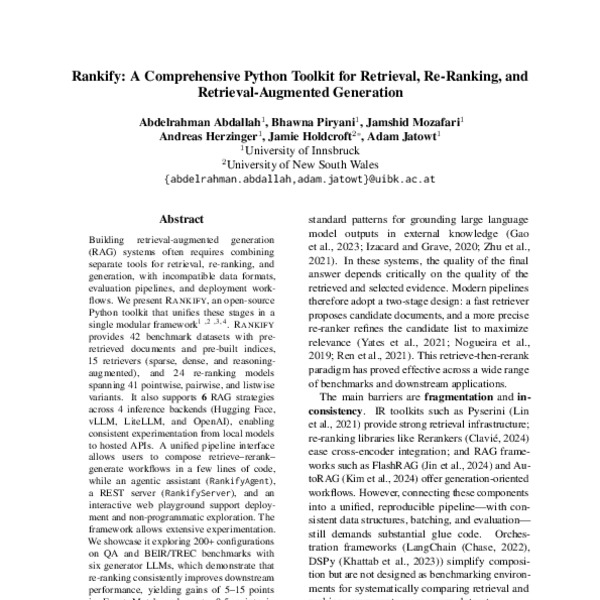 Rankify: A Comprehensive Python Toolkit for Retrieval, Re-Ranking, and ...