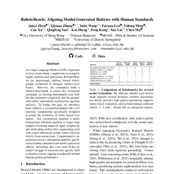 RubricBench: Aligning Model-Generated Rubrics with Human Standards ...