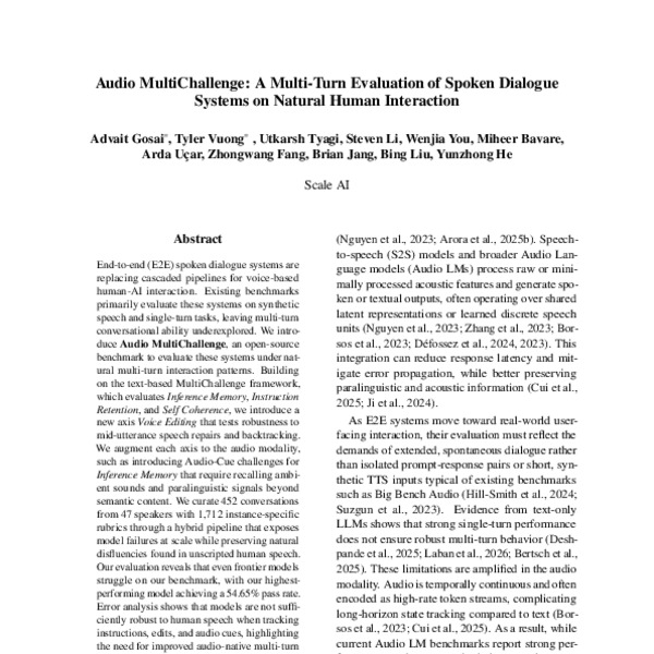 Audio MultiChallenge: A Multi-Turn Evaluation of Spoken Dialogue ...