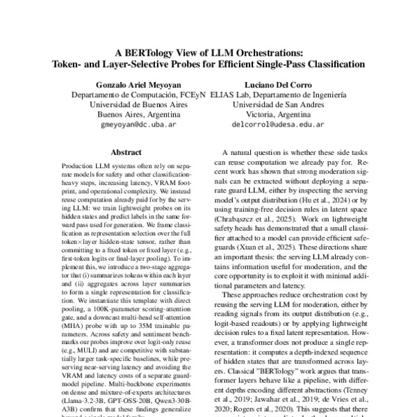 A BERTology View of LLM Orchestrations: Token- and Layer-Selective Probes for Efficient Single-Pass Classification