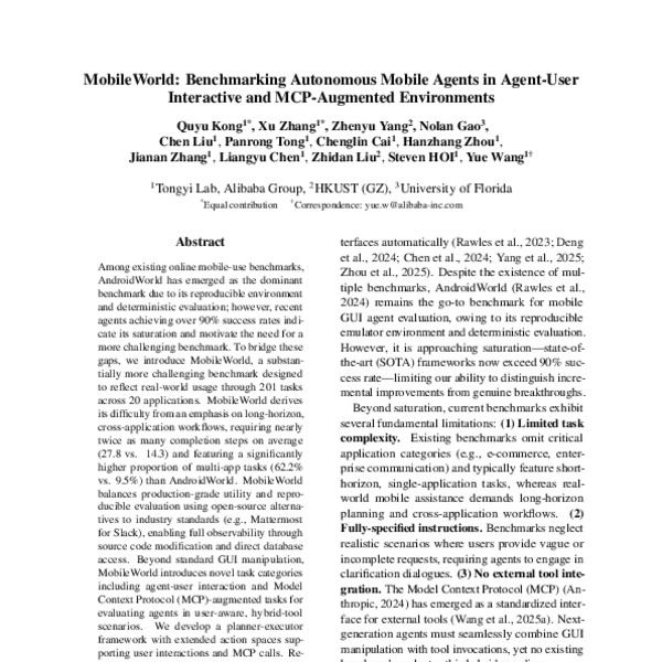 MobileWorld: Benchmarking Autonomous Mobile Agents in Agent-User ...