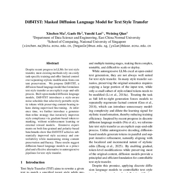 Diff4TST: Masked Diffusion Language Model for Text Style Transfer - ACL ...