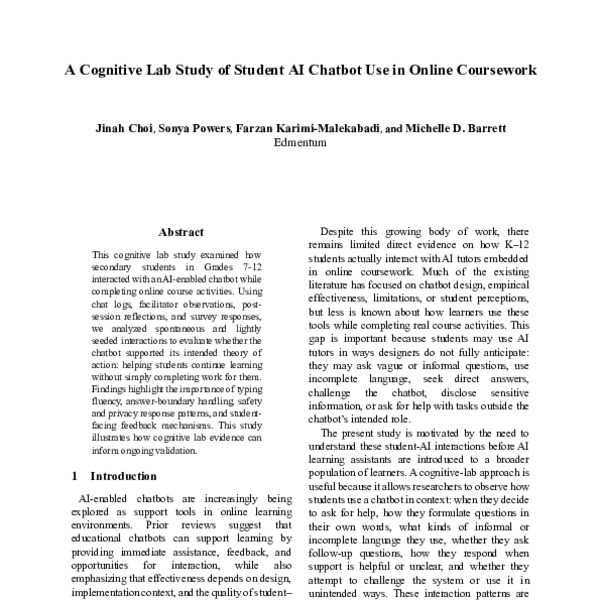A Cognitive Lab Study of Student AI Chatbot Use in Online Coursework