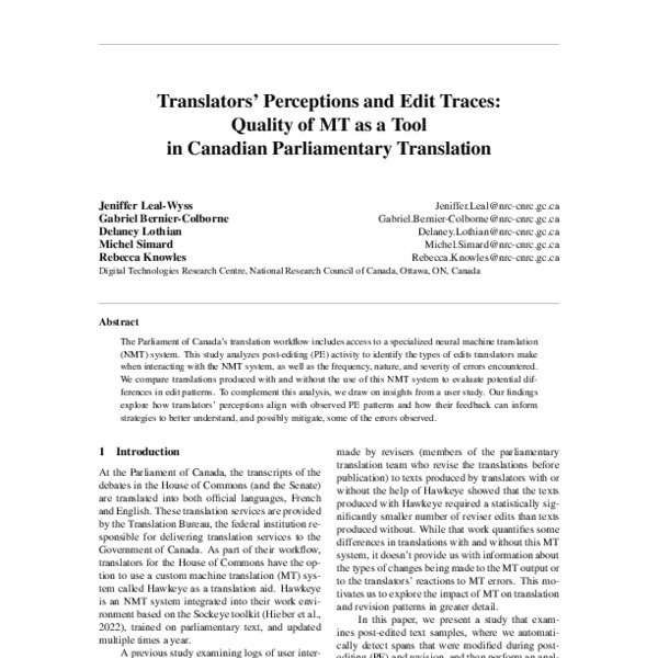 Translators’ Perceptions and Edit Traces: Quality of MT as a Tool in Canadian Parliamentary Translation