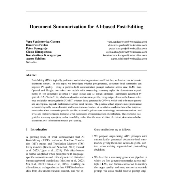 Document Summarization for AI-based Post-Editing