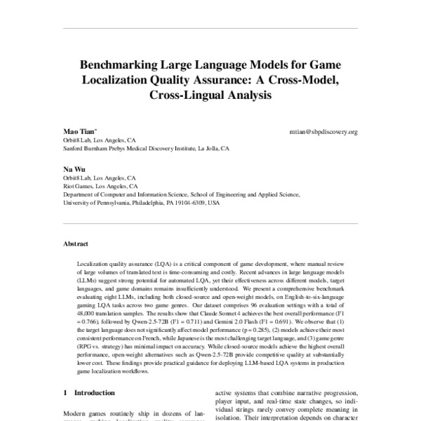 Benchmarking Large Language Models for Game Localization Quality Assurance: A Cross-Model, Cross-Lingual Analysis