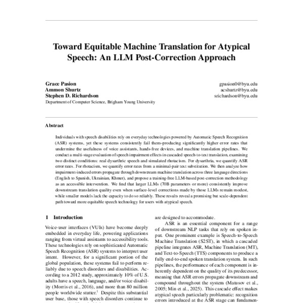 Toward Equitable Machine Translation for Atypical Speech: An LLM Post-Correction Approach