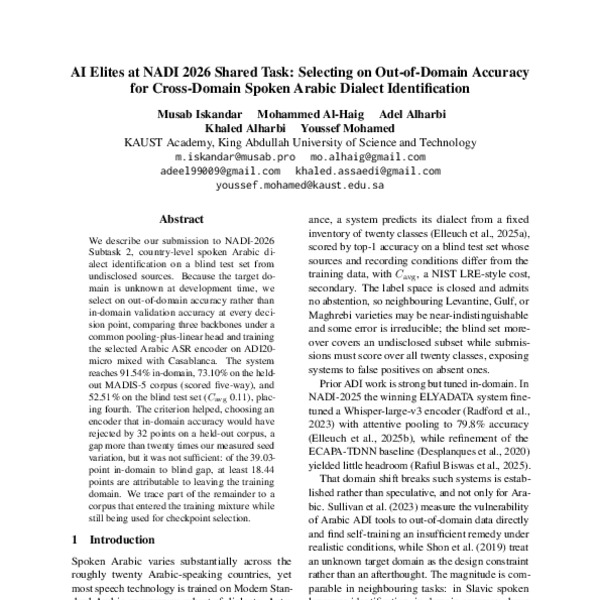 AI Elites at NADI 2026 Shared Task: Selecting on Out-of-Domain Accuracy for Cross-Domain Spoken Arabic Dialect Identification