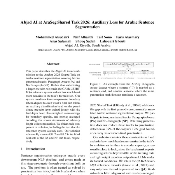 Abjad AI at AraSeg Shared Task 2026: Auxiliary Loss for Arabic Sentence Segmentation