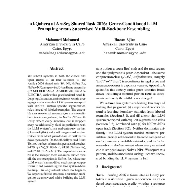 Al-Qahera at Arabic Segmentation Shared Task 2026: Genre-Conditioned LLM Prompting versus Supervised Multi-Backbone Ensembling