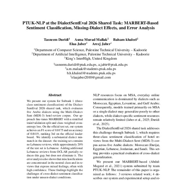 PTUK-NLP at the DialectSentEval 2026 Shared Task: MARBERT-Based ...