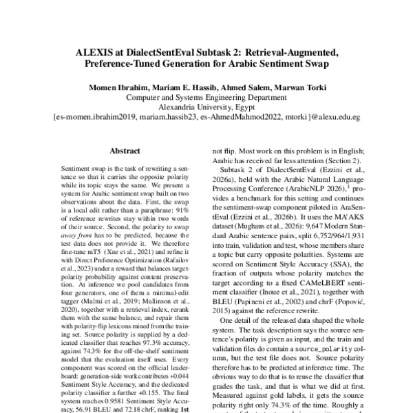 ALEXIS at DialectSentEval Subtask 2 Retrieval-Augmented, Preference-Tuned Generation for Arabic Sentiment Swap