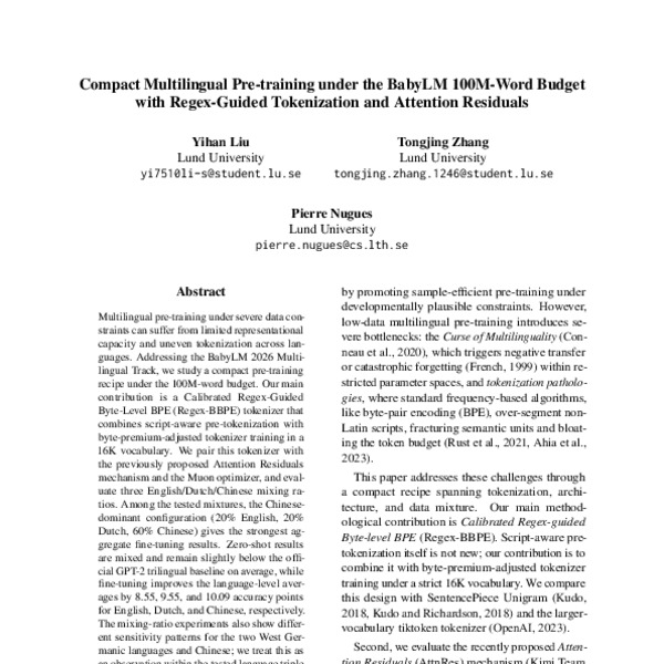 Compact Multilingual Pre-training under the BabyLM 100M-Word Budget with Regex-Guided Tokenization and Attention Residuals