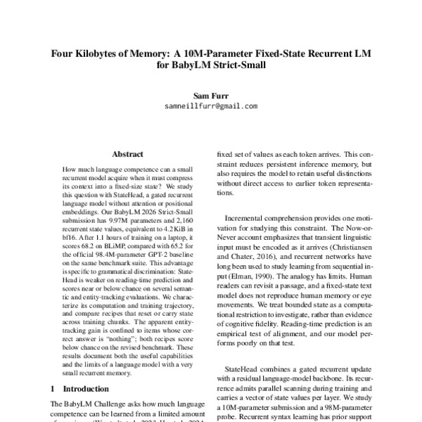 Four Kilobytes of Memory: A 10M-Parameter Fixed-State Recurrent LM for ...