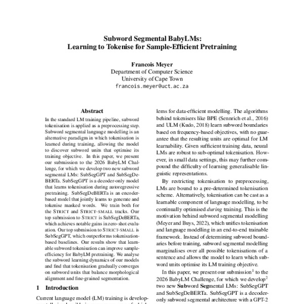 Subword Segmental BabyLMs: Learning to Tokenise for Sample-Efficient ...