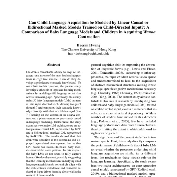 Can Child Language Acquisition be Modeled by Linear Causal or Bidirectional Masked Models Trained on Child-Directed Input?: A Comparison of Baby Language Models and Children in Acquiring Wanna…