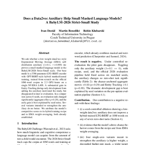 Does a Data2vec Auxiliary Help Small Masked Language Models? A BabyLM-2026 Strict-Small Study