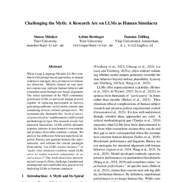 Challenging the Myth: A Research Arc on LLMs as Human Simulacra - ACL ...