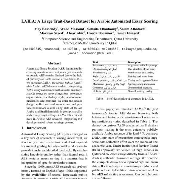 LAILA: A Large Trait-Based Dataset for Arabic Automated Essay Scoring ...