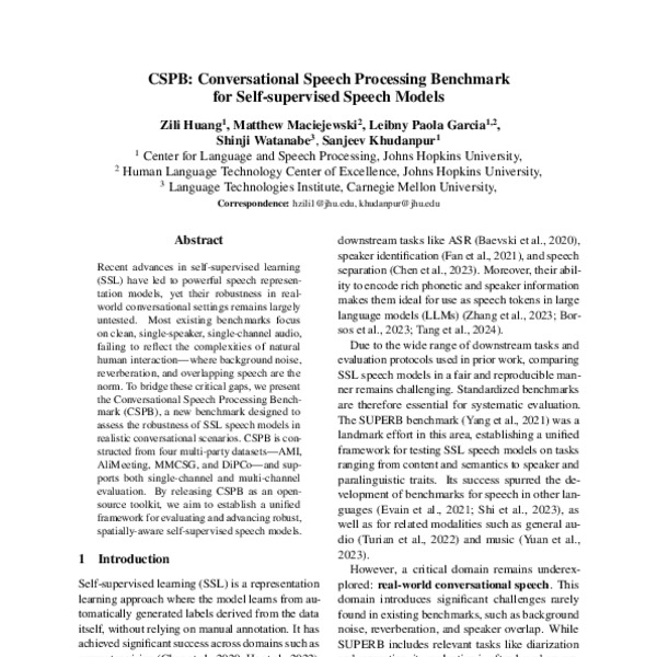CSPB: Conversational Speech Processing Benchmark for Self-supervised ...