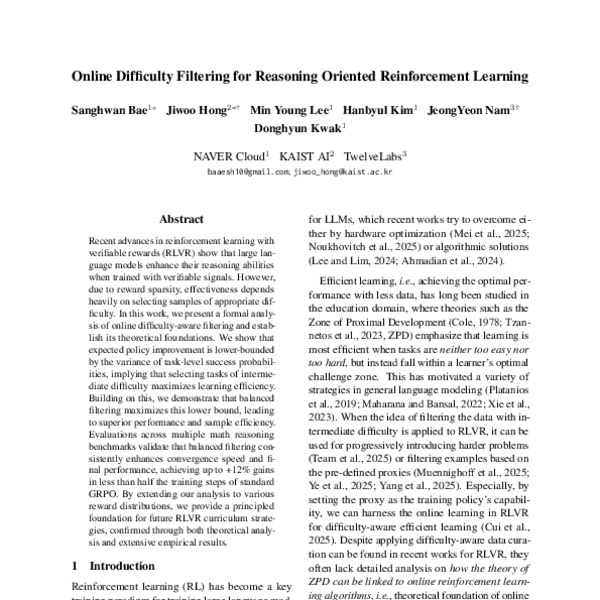 Online Difficulty Filtering for Reasoning Oriented Reinforcement ...