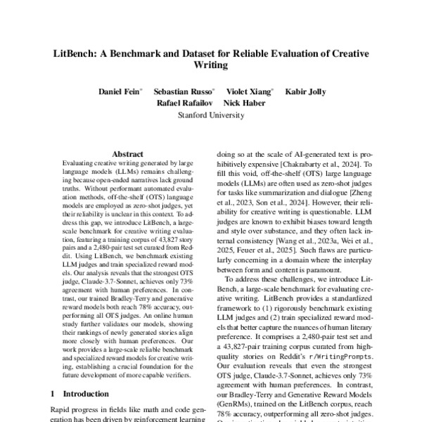 LitBench: A Benchmark and Dataset for Reliable Evaluation of Creative ...