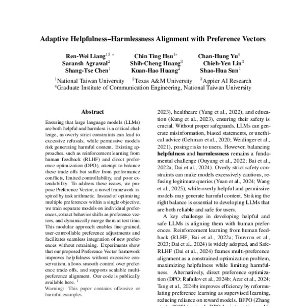 Adaptive Helpfulness–Harmlessness Alignment with Preference Vectors ...