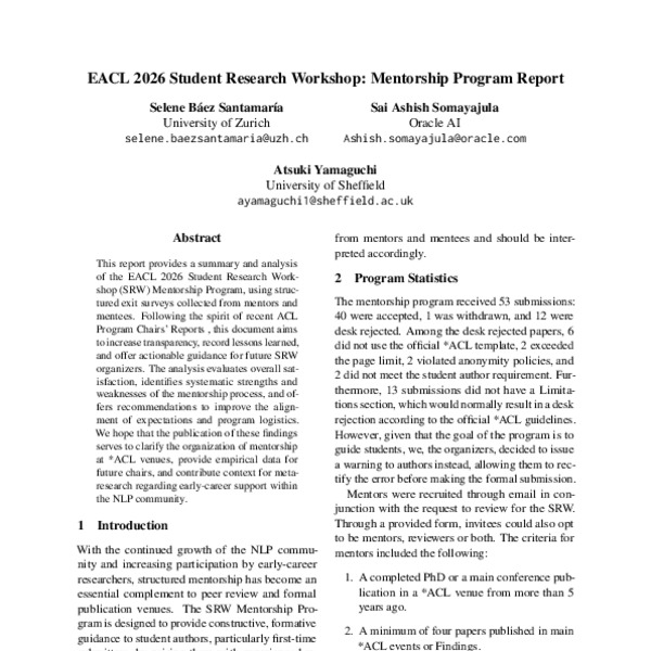 EACL 2026 Student Research Workshop: Mentorship Program Report - ACL ...