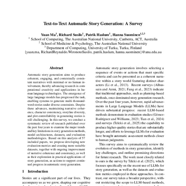 Text-to-Text Automatic Story Generation: A Survey - ACL Anthology
