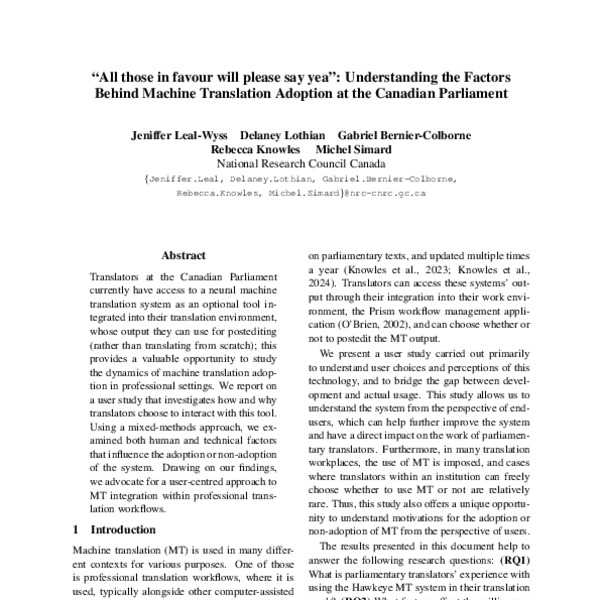 “All those in favour will please say yea”: Understanding the Factors Behind Machine Translation Adoption at the Canadian Parliament