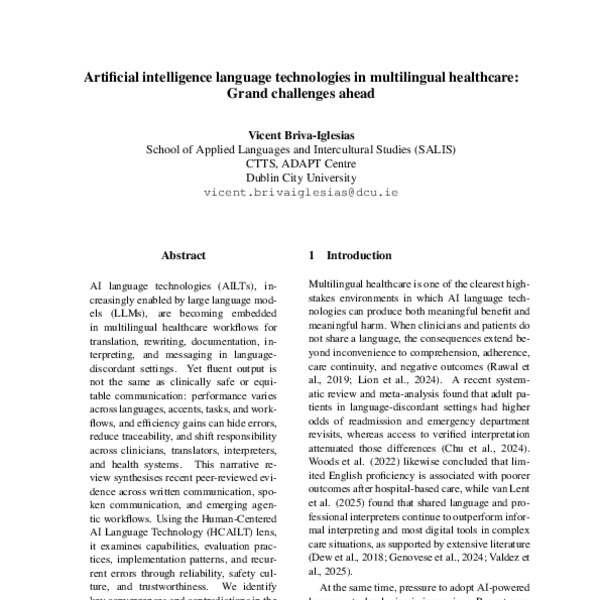 Artificial intelligence language technologies in multilingual healthcare: Grand challenges ahead