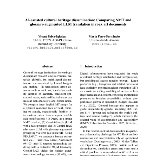 AI-assisted cultural heritage dissemination: Comparing NMT and glossary-augmented LLM translation in rock art documents