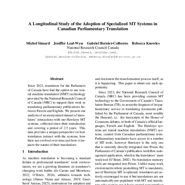 A Longitudinal Study of the Adoption of Specialized MT Systems in Canadian Parliamentary Translation