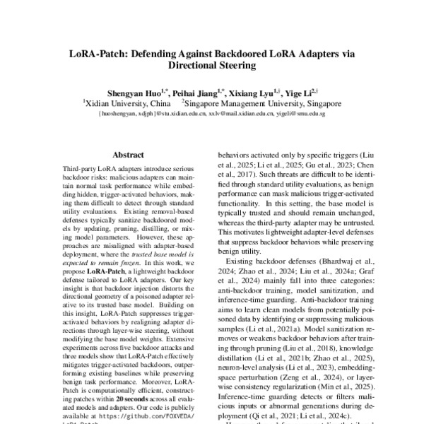 LoRA-Patch: Defending Against Backdoored LoRA Adapters via Directional ...