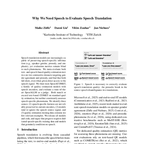 Why We Need Speech to Evaluate Speech Translation - ACL Anthology