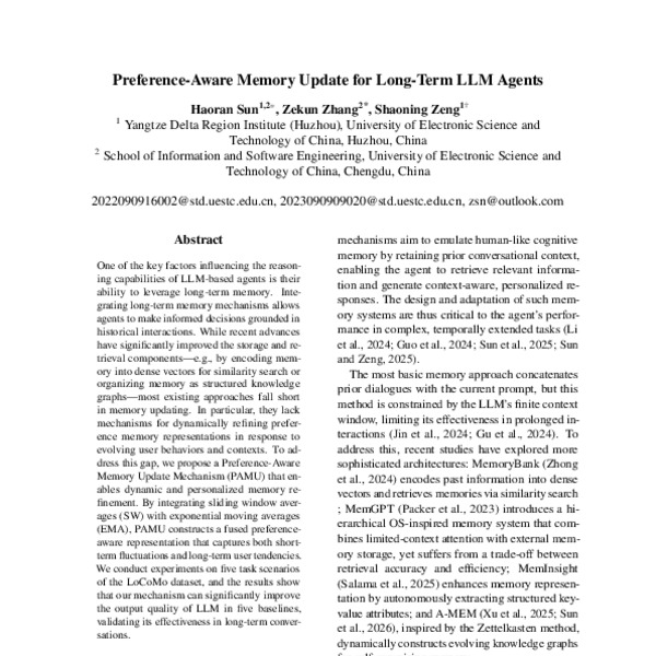 Preference-Aware Memory Update for Long-Term LLM Agents - ACL Anthology