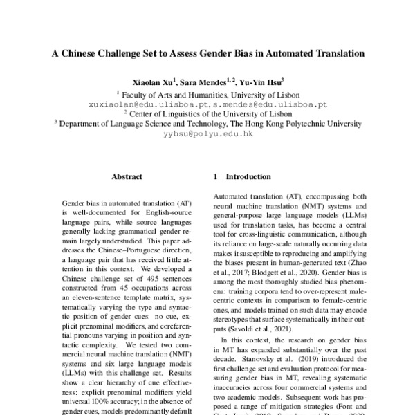 A Chinese Challenge Set to Assess Gender Bias in Automated Translation