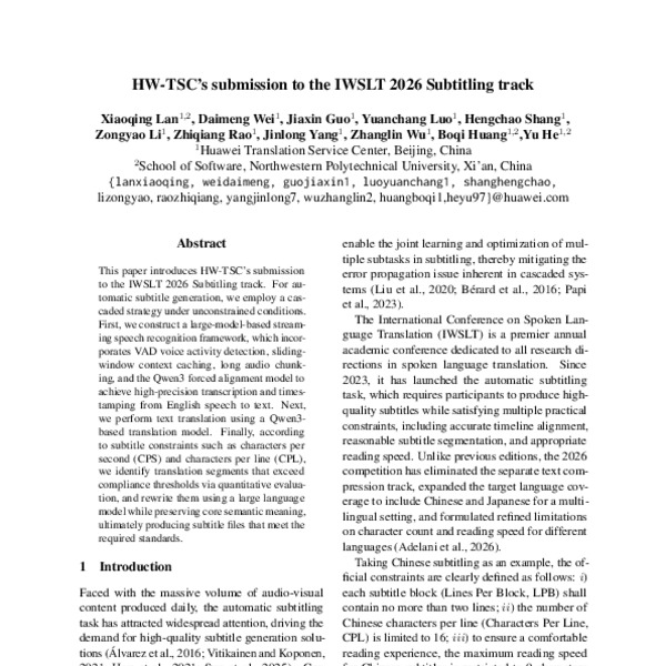 HW-TSC’s Submission to the IWSLT 2026 Subtitling Track