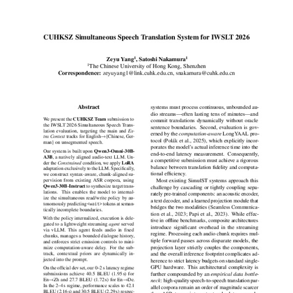 CUHKSZ Simultaneous Speech Translation System for IWSLT 2026