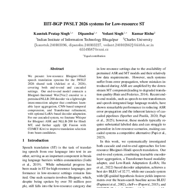 IIIT-BGP IWSLT 2026 Systems for Low-resource ST