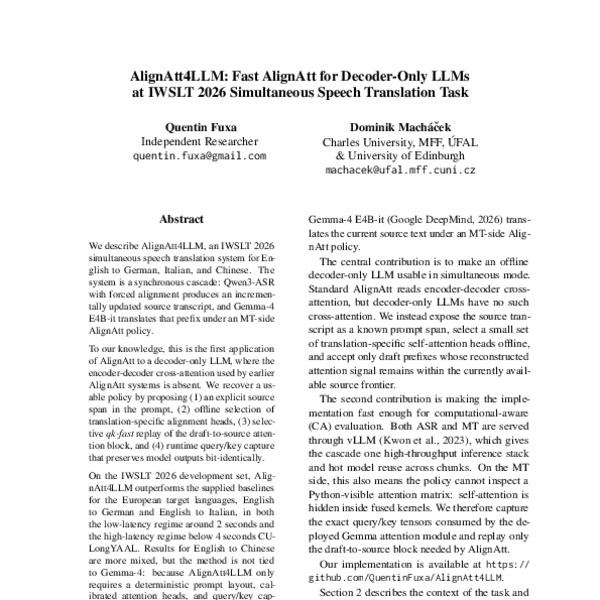 AlignAtt4LLM: Fast AlignAtt for Decoder-Only LLMs at IWSLT 2026 Simultaneous Speech Translation Task