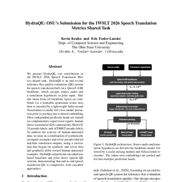 HydraQE: OSU’s Submission for the IWSLT 2026 Speech Translation Metrics Shared Task