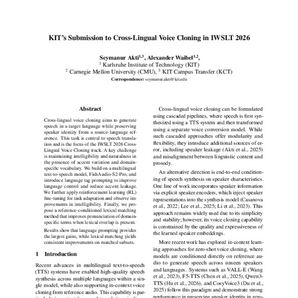 KIT’s Submission to Cross-Lingual Voice Cloning in IWSLT 2026