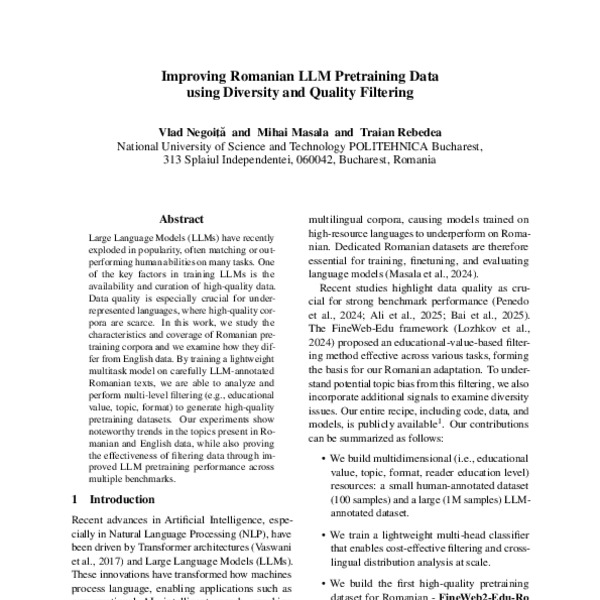 Improving Romanian LLM Pretraining Data using Diversity and Quality ...