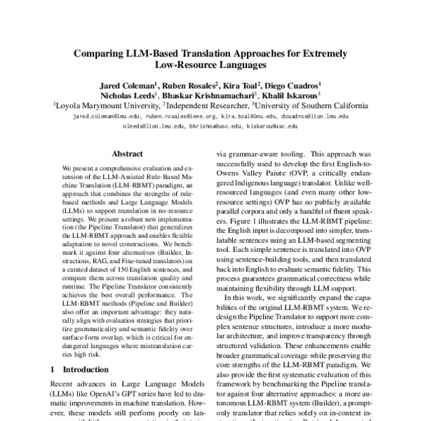 Comparing LLM-Based Translation Approaches for Extremely Low-Resource ...