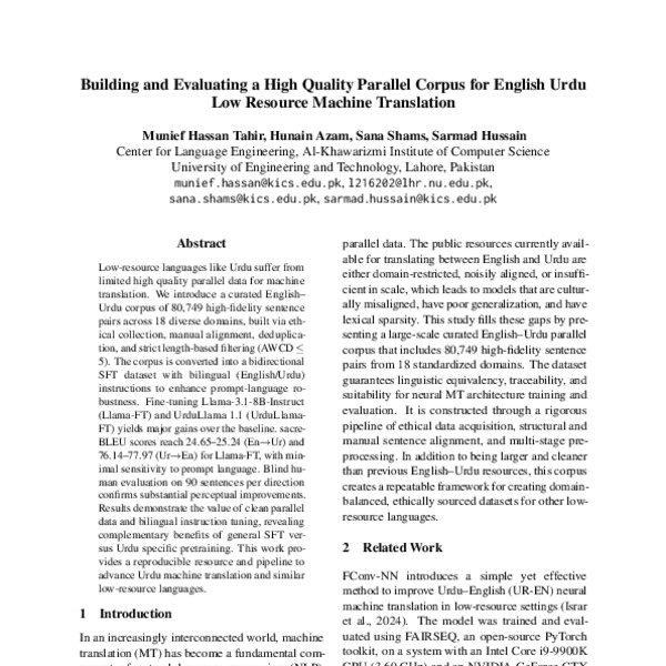 Building and Evaluating a High Quality Parallel Corpus for English Urdu ...