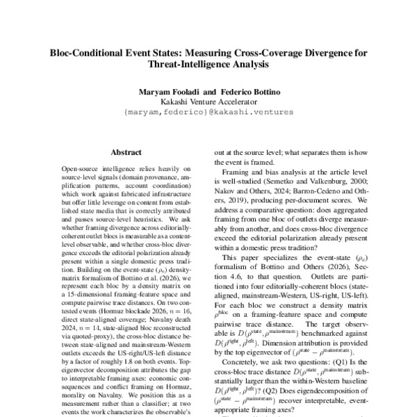 Bloc-Conditional Event States: Measuring Cross-Coverage Divergence for Threat-Intelligence Analysis