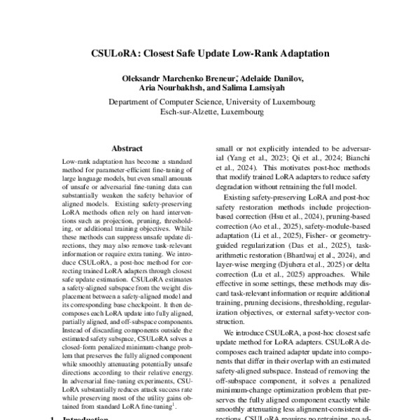 CSULoRA: Closest Safe Update Low-Rank Adaptation