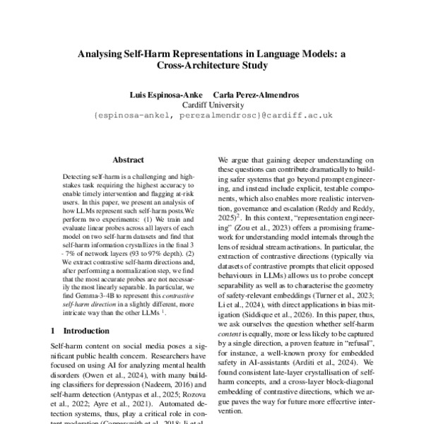 Analysing Self-Harm Representations in Language Models: a Cross-Architecture Study